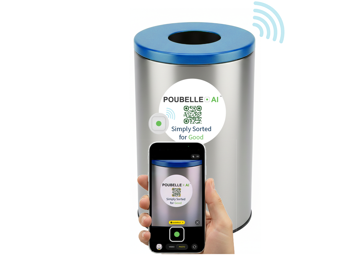 POUBELLE.AI bin sticker with NFC and QR code