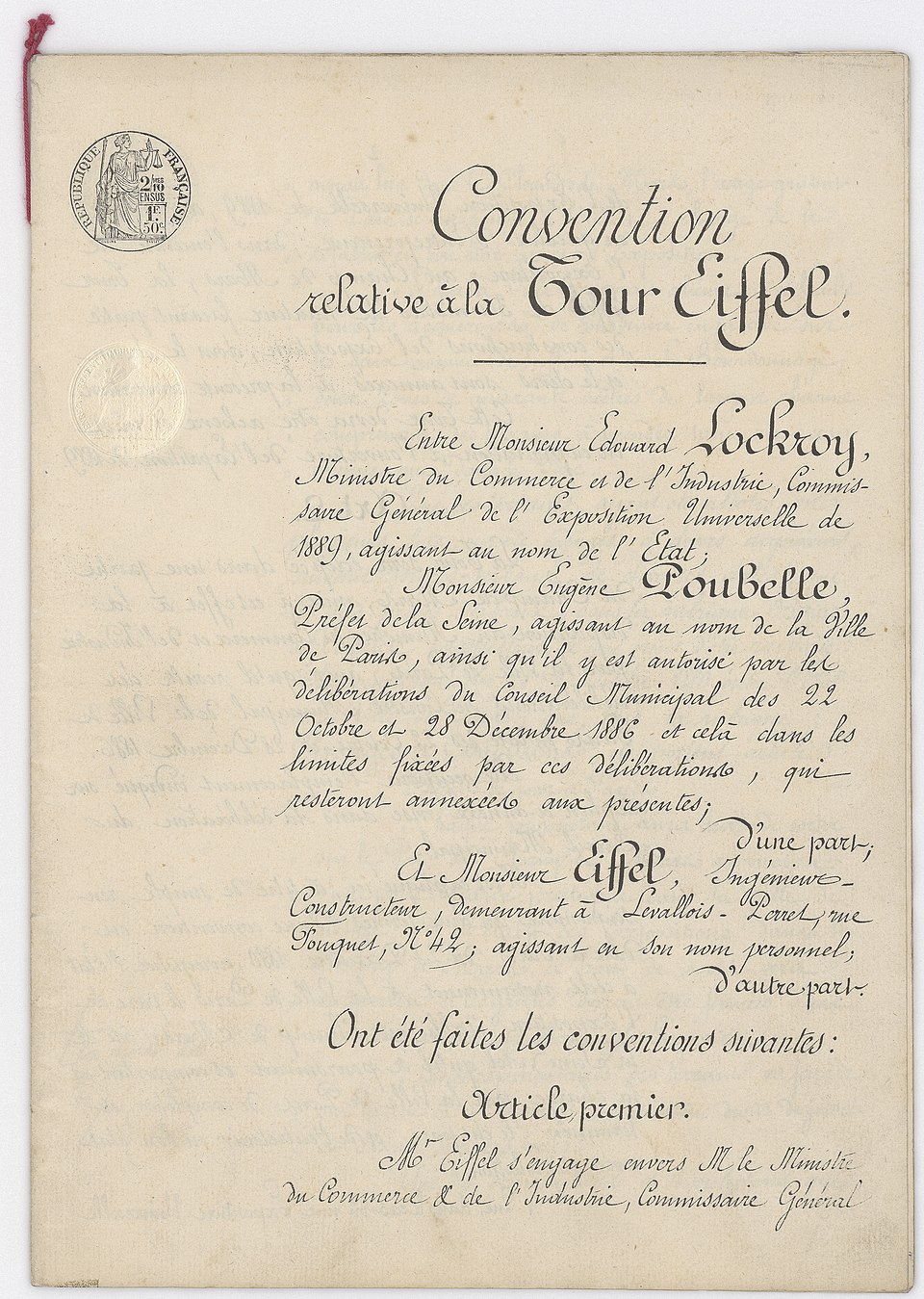 Convention signed for the construction of the 300-metre Tower, Archives Nationales, 1887