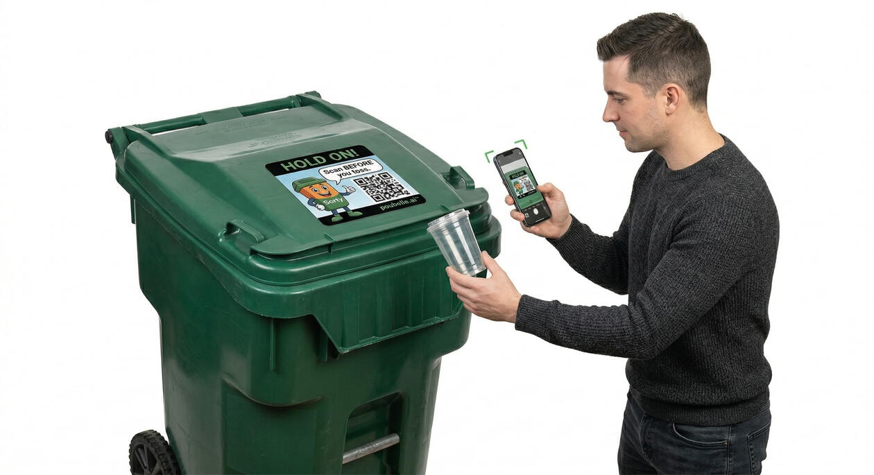 Person scanning a POUBELLE.AI bin sticker with a smartphone